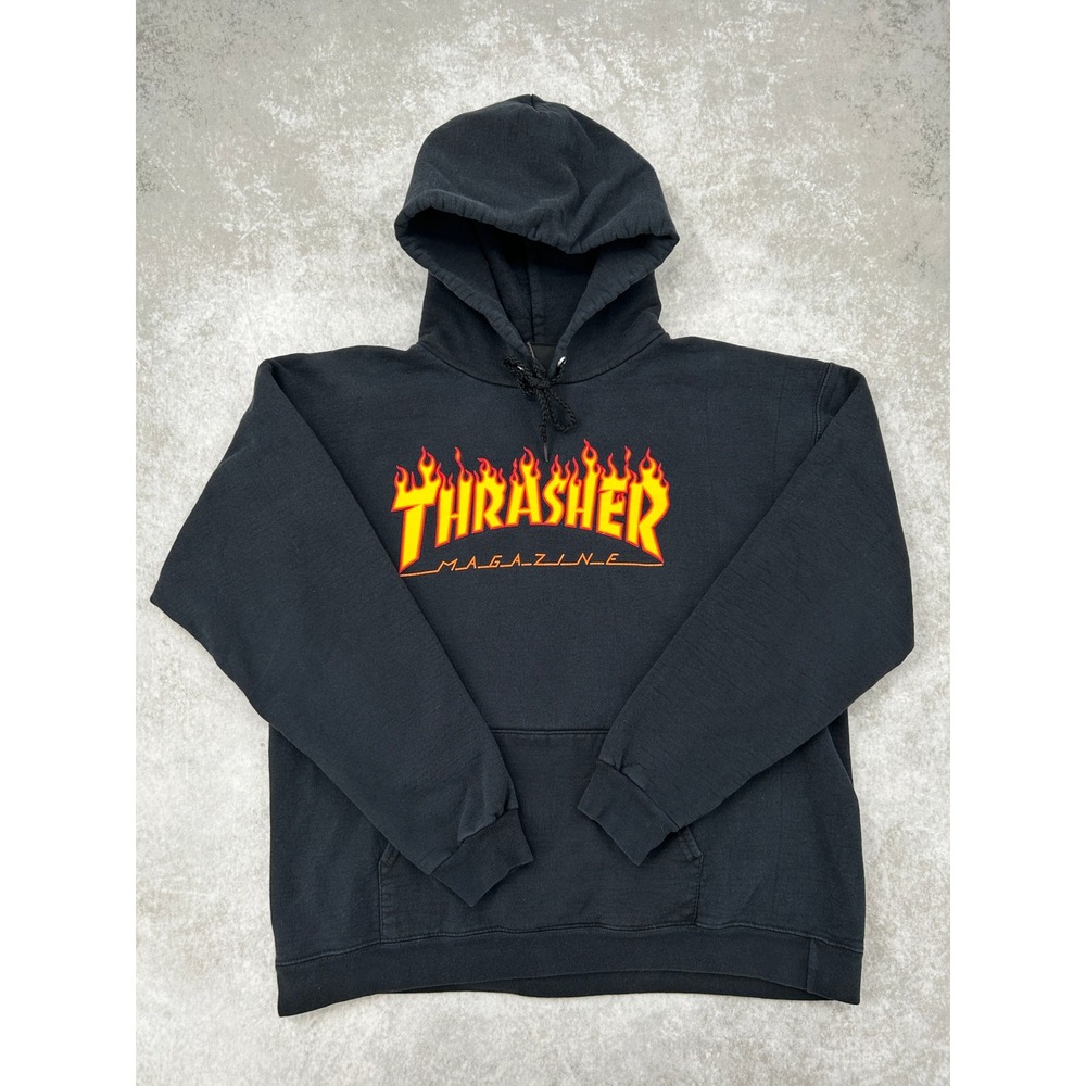 Thrasher Magazine Flame Logo Hoodie Black Skateboard Pullover Mens Medium